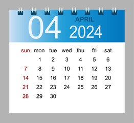 April 2024. Vector monthly calendar template 2024 year in simple style for template design. Week starts from Sunday.