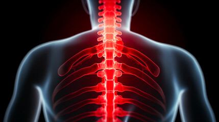 Close-up of an X-ray image highlighting the lumbar spine region with red marker.