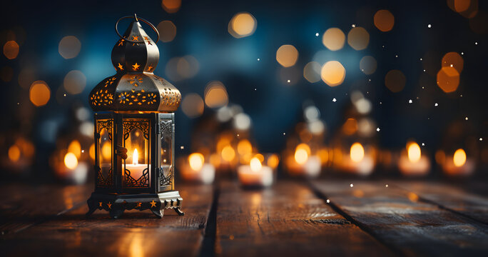 Ornamental Arabic lantern with burning candle glowing at night. Festive greeting card, invitation for Muslim holy month Ramadan Kareem. © Lucky Ai