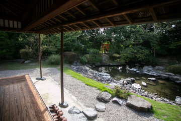 Views of an old Japanese style house with its garden and a small lake in Yanagawa, Fukuoka, Japan.