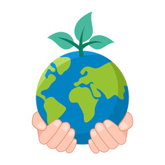 World environment banner with hand holding plant on planet in flat design. Save the earth concept.