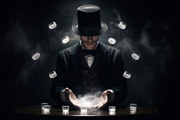 Theatrical Magician with top hat scene. Show retro party trick performer. Generate Ai