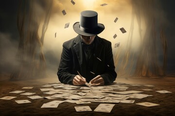 Dramatic Magician with top hat scene. Show retro party trick performer. Generate Ai