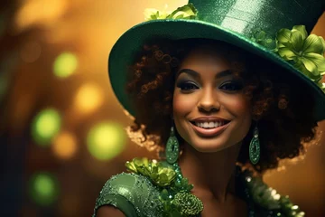 Foto op Plexiglas St. Patrick's Day. Portrait of a beautiful young woman wearing a leprechaun hat. © Rudsaphon