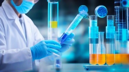 scientist holding medical testing tubes or vials of medical pharmaceutical research with blood cells and virus cure using DNA genome sequencing biotechnology as wide banner. Generated Ai