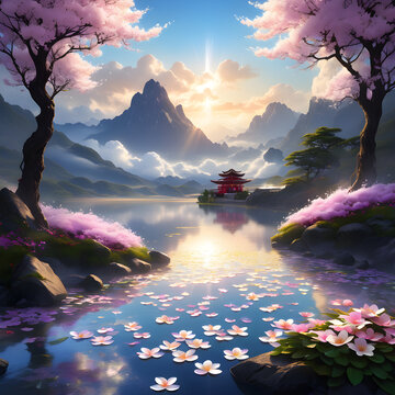 Sacred darkness, soft light, dense spiritual energy, and vibrant fallen flowers surround Shi Hao in a timeless moment of immortality.(Generative AI)