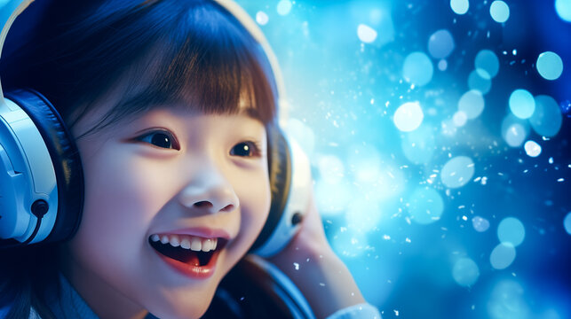 A close-up of an 8-year-old girl's face, showing joy while she listens to a podcast, background filled with glowing podcast symbols.