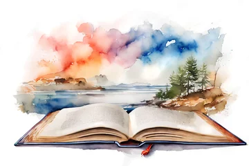 Poster Opened book with landscape on watercolor background. © Logvin art