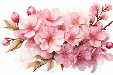 Sakura or cherry blossom flowers isolated on white background. Watercolor illustration