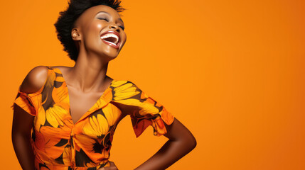 Excitement. Dark skin African female model laughing - obrazy, fototapety, plakaty