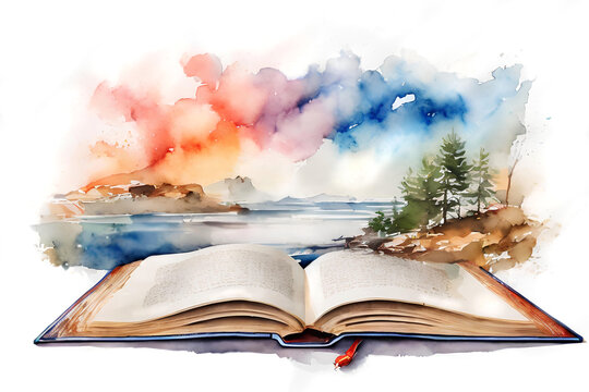 Opened book with landscape on watercolor background.