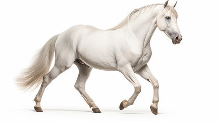 Naklejka na ściany i meble A white Arabian horse, separated against a white backdrop using a clipping path. Entire depth of field captured for the image.