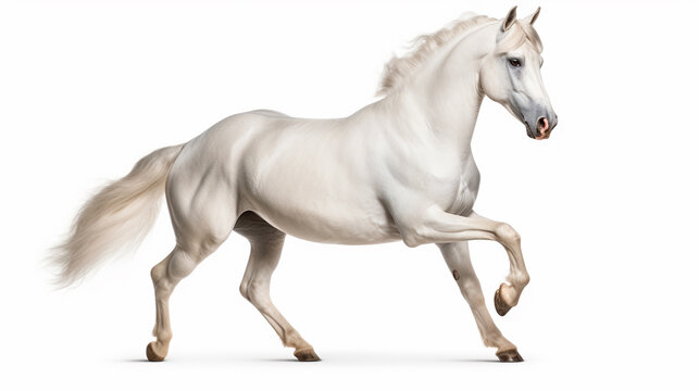A white Arabian horse, separated against a white backdrop using a clipping path. Entire depth of field captured for the image.