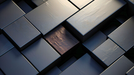 Contemporary Artistic Installation Featuring Dark Tiled Cubes with a Single Textured Bronze Highlight