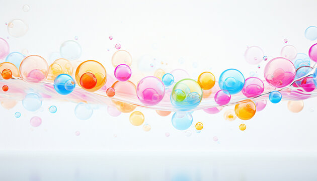 Colorful soap bubbles in a row with a white background