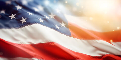 Abstract dynamic American flag with colorful patterns and stripes in a blurred gradient multicolor...