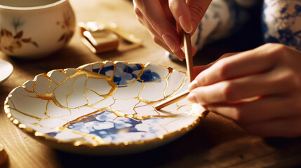 Concept of Kintsugi. Female hands fixing porcelain with kintsugi method. Symbolizes the acceptance of change and the beauty of imperfection. Wabi sabi concept. Generative AI