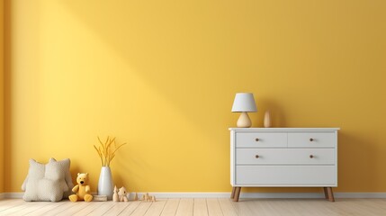 Interior of modern minimalist children's nursery room with bright yellow wall - obrazy, fototapety, plakaty