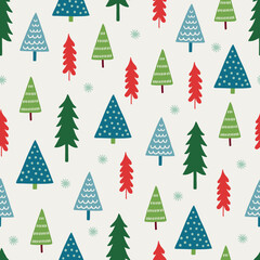 Christmas seamless pattern with snowflakes and spruce trees