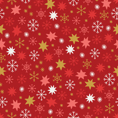 Christmas seamless pattern with stars and snowflakes on red background