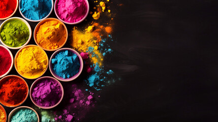 Happy holi festival decoration Top view of coloured powders on dark background