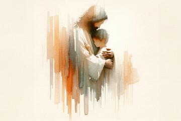 Jesus Christ embracing a child on abstract watercolor background. Watercolor painting