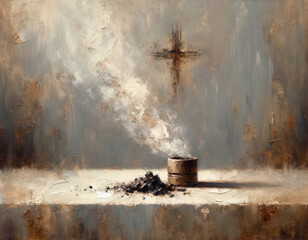 Ash Wednesday. Burning coals in the smoke on the background of the cross - obrazy, fototapety, plakaty