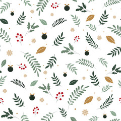 Festive Christmas seamless pattern with leaves and snowflakes on white background for gift wrapping paper, vector design