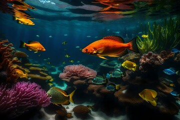 Naklejka na ściany i meble Vibrant Sea Life and Plants in a Dazzling Underwater Scene