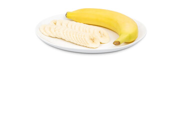 Yellow bananas and banana slices neatly placed on a round plate. transparent background