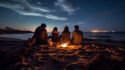 The group of young people are sitting around the bonfire . - obrazy, fototapety, plakaty