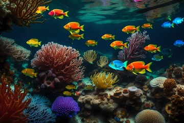 Fototapeta premium Colorful Fishes and Plants Flourishing Beneath the Waves