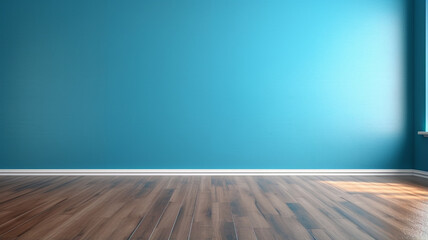 Blue turquoise empty wall and wooden flooring with a glare from the window.