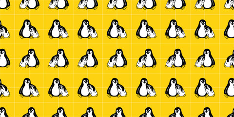 penguin seamless pattern sitting family bird baby hug kid cartoon doodle gift wrapping paper checked tile background repeat wallpaper illustration isolated design - obrazy, fototapety, plakaty