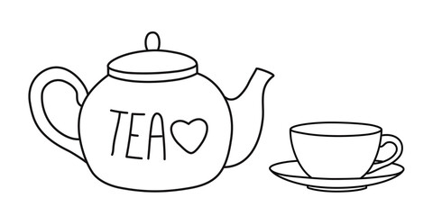 Teapot and three tea cups banner hand drawn with thin line. Png clipart isolated on transparent...