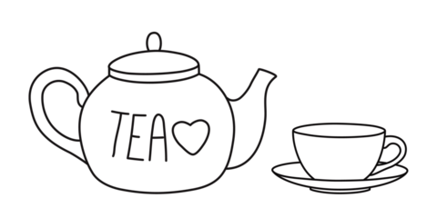 Teapot and three tea cups banner hand drawn with thin line. Png clipart isolated on transparent background	
