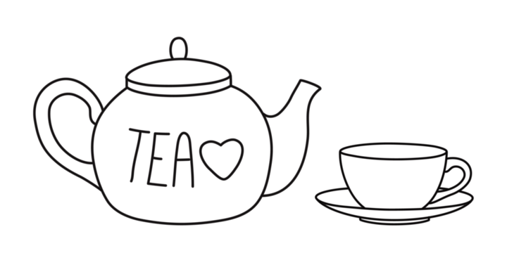 Teapot and three tea cups banner hand drawn with thin line. Png clipart isolated on transparent background