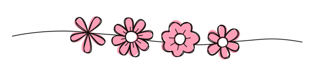Floral spring banner, scribble style hand drawn with thin line, divider shape. Png isolated on...
