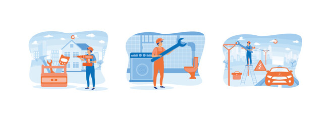 Carpenters services. Receiving bathroom toilet repair services. Car repairing electricity. Home maintenance 1 set flat vector modern illustration