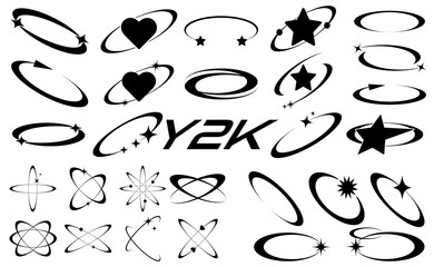 Set of abstract retro futuristic Y2K elements and shapes ellipse with heart and star isolated on a white background. Y2K geometric shapes, forms, symbols for template, poster, banner, web, stickers.