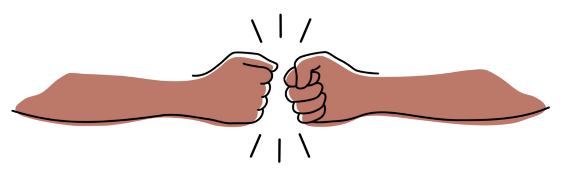 Fist bumping banner hand drawn with single line. Team work, cooperation, friends concept. Png illustration isolated on transparent background