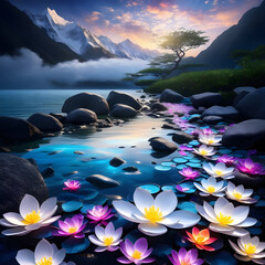 Sacred darkness, soft light, dense spiritual energy, and vibrant fallen flowers surround Shi Hao in a timeless moment of immortality.(Generative AI) - obrazy, fototapety, plakaty