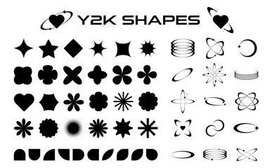 Set of abstract retro futuristic Y2K elements and shapes isolated on a white background. Y2K geometric shapes, forms, symbols for template, poster, banner, web, stickers.	
