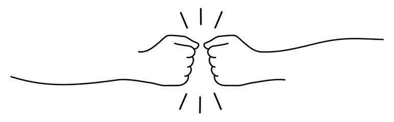 Fist bumping banner hand drawn with single line. Team work, cooperation, friends concept. Png...