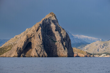 Fototapeta na wymiar Cala Clara from the sea, Tramuntana coast, Pollensa, Majorca, Balearic Islands, Spain