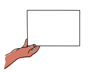 Hand holding A4 paper sheet hand drawn with thin line. Presenting document, showing memo, template...