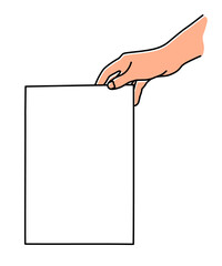 Hand holding A4 paper sheet hand drawn with thin line. Presenting document, showing memo, template...