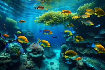Naklejka na ściany i meble Fishes and Plants Flourishing in the Ocean's Depths