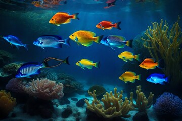Naklejka na ściany i meble Vibrant Sea Life Dancing Amidst Colorful Coral Reef