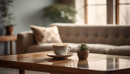 A coffee mug placed on a wooden table beside a sofa and a potted plant resting on the surface